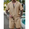 thumbnail image 4 of Men'S Camp Collar Jacquard Button Up Shirt and Drawstring Shorts Two Piece Outfit Khaki L, 4 of 8
