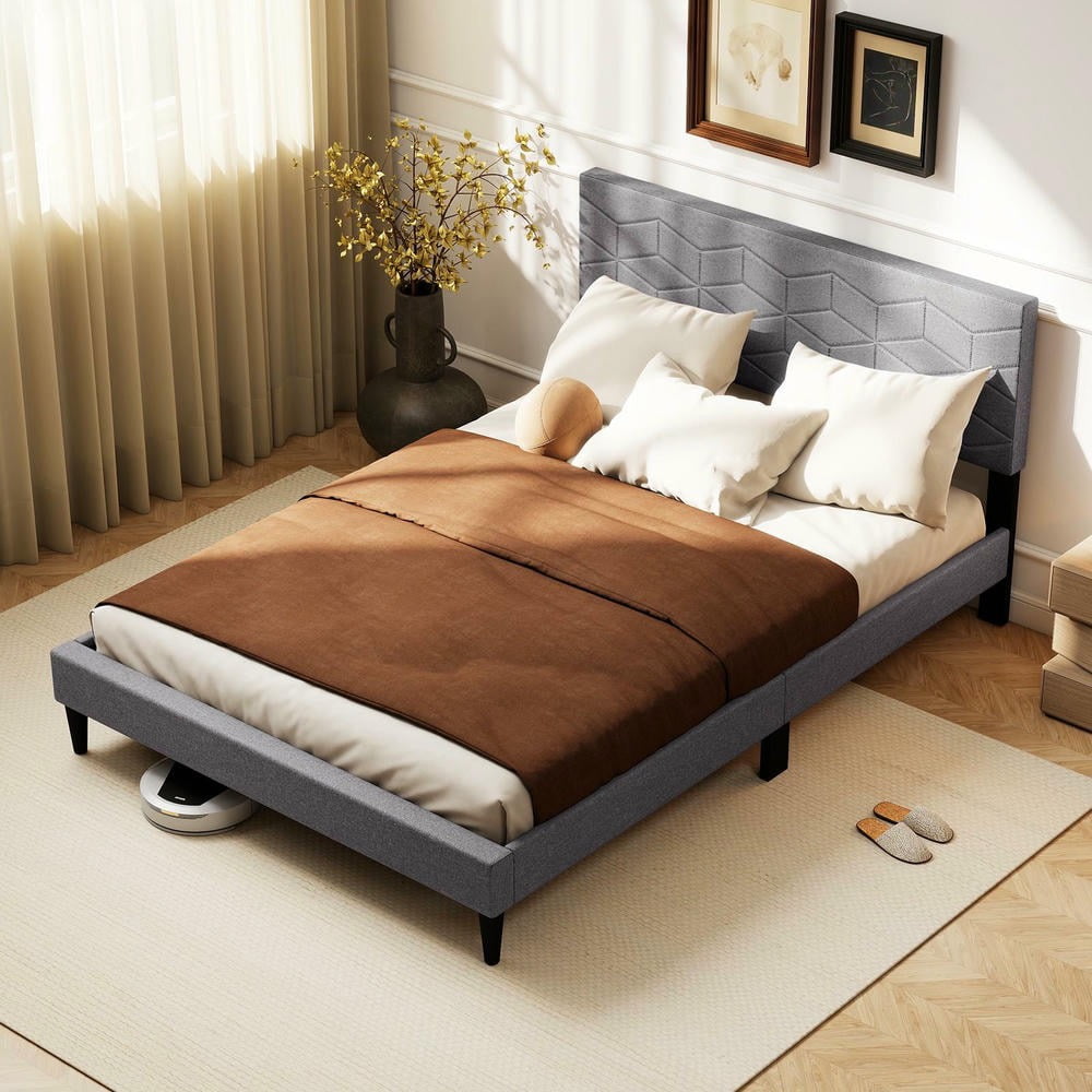 Barara King Full Size Bedroom Bed Frame with Linen Fabric Upholstered Headboard, Bed Platform Frame for Apartment, Bedroom, Gray