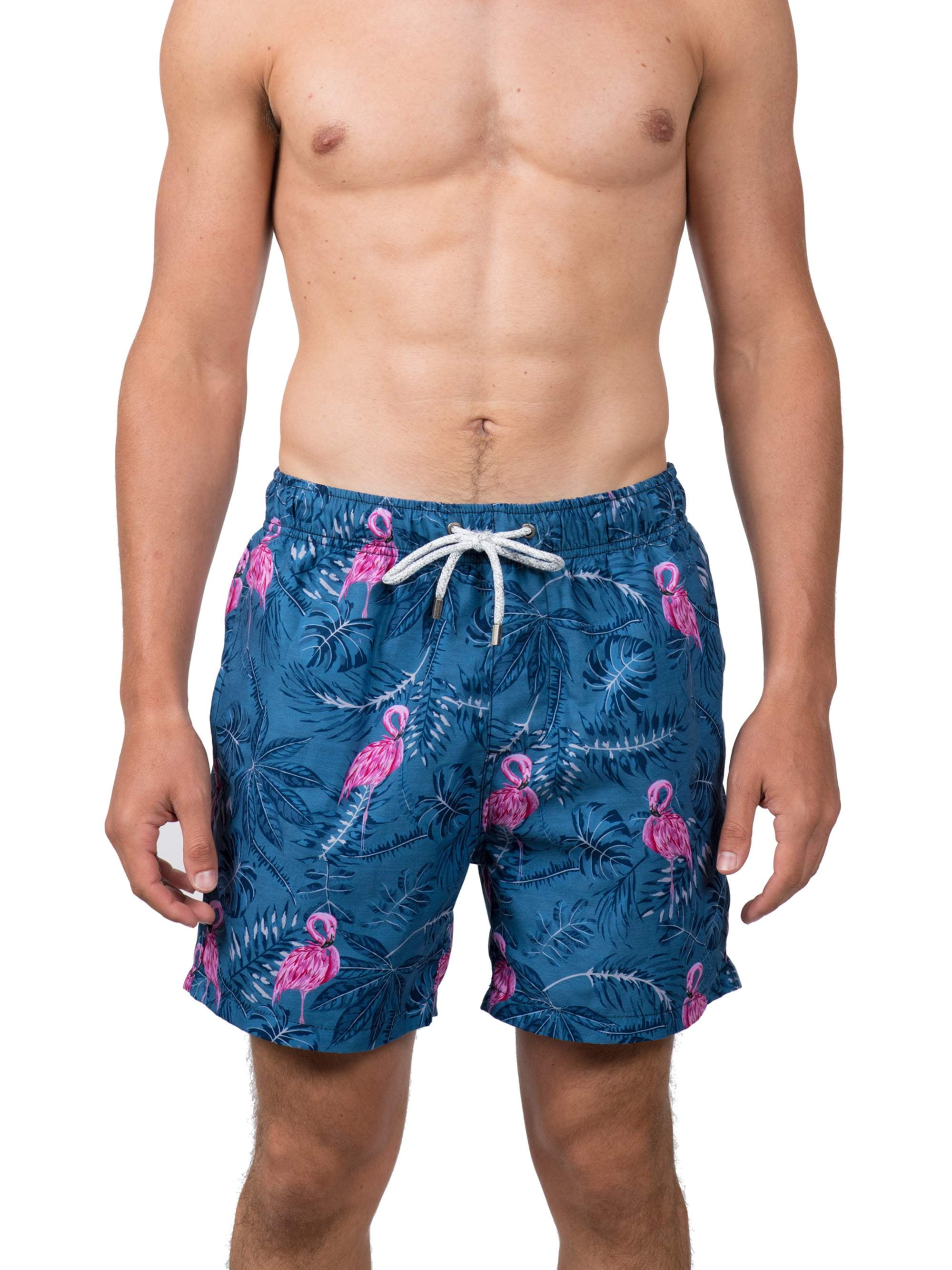 Shakumen Hawaiian Pink Flamingos Mens Beach Shorts Breathable Surfing Trunks with 3 Pockets