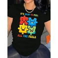 thumbnail image 1 of Motif Casse-Tête Coloré Anglais Imprimé Tendance Col Rond Manches Courtes, T-Shirt de Sport Simple et Décontracté, Haut d'Été Confortable pour Femmes pendant les Vacances. Fête des Pères, Fête des Mères, Ne, 1 of 6