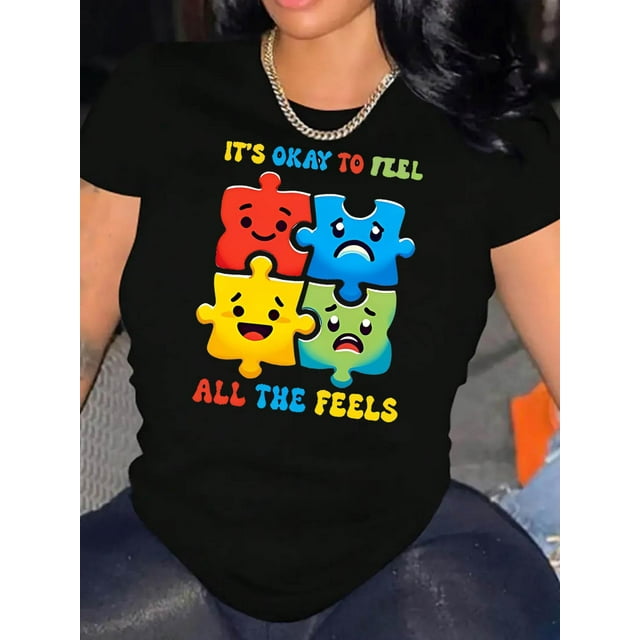 Motif Casse-Tête Coloré Anglais Imprimé Tendance Col Rond Manches Courtes, T-Shirt de Sport Simple et Décontracté, Haut d'Été Confortable pour Femmes pendant les Vacances. Fête des Pères, Fête des Mères, Ne