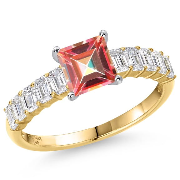 Gem Stone King 14K Two Tone Gold Ecstasy Mystic Topaz and Lab Grown Diamond Engagement Ring for Women | 2.10 Cttw | Princess 6MM | Gemstone November Birthstone | Size 5
