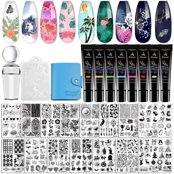 Biutee Nail Stamp Plates Set 15pcs Nail Plates 8pcs Stamp Gel 1pc Nail Stamper Scraper Set Storage Bag Gift Box Nail Stamp Template Kit Lace Flower Star Holiday Design for Halloween Christmas Gift