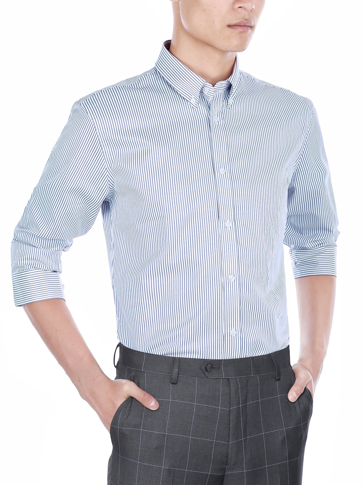 Verno Mens Slim Fit Long Sleeve Navy and White Stripe Dress Shirt