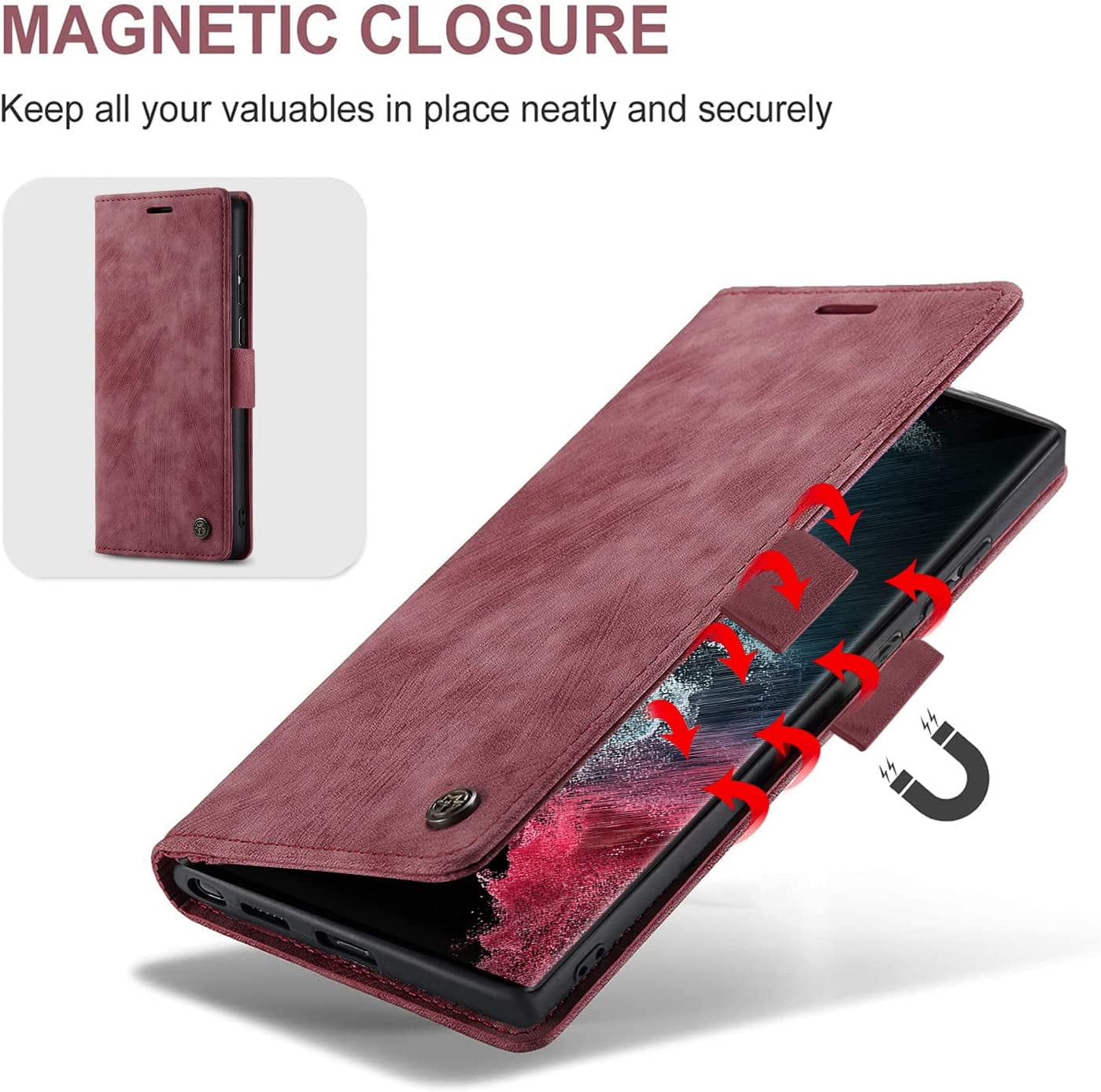 KONEE Phone Case Compatible with Samsung Galaxy S22 Ultra 5G,Leather Case PU Leather Flip Phone Case with [Card Slot] [Stand Function], Foldable Phone Case for Samsung Galaxy S22 Ultra 5G Case - Red