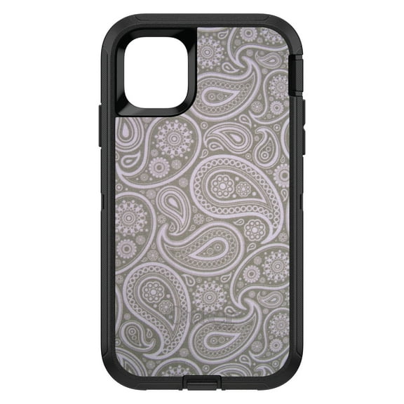DistinctInk OtterBox Defender Custom Case for Apple iPhone 15 (6.1" Screen) - Grey Black Paisley - Shockproof Protection