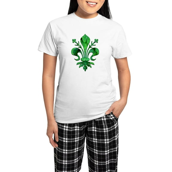 CafePress - Irish Green Fleur De Lis Women's Light Pajamas - Women's Short Sleeve Print T-Shirt and Pants Light Cotton Pajama Set