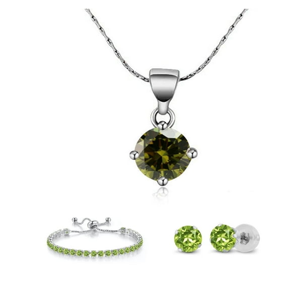 18k White Gold 7 Ct Round Peridot Set of Necklace, Earrings & Bracelet For Women's Plated by Paris Jewelry