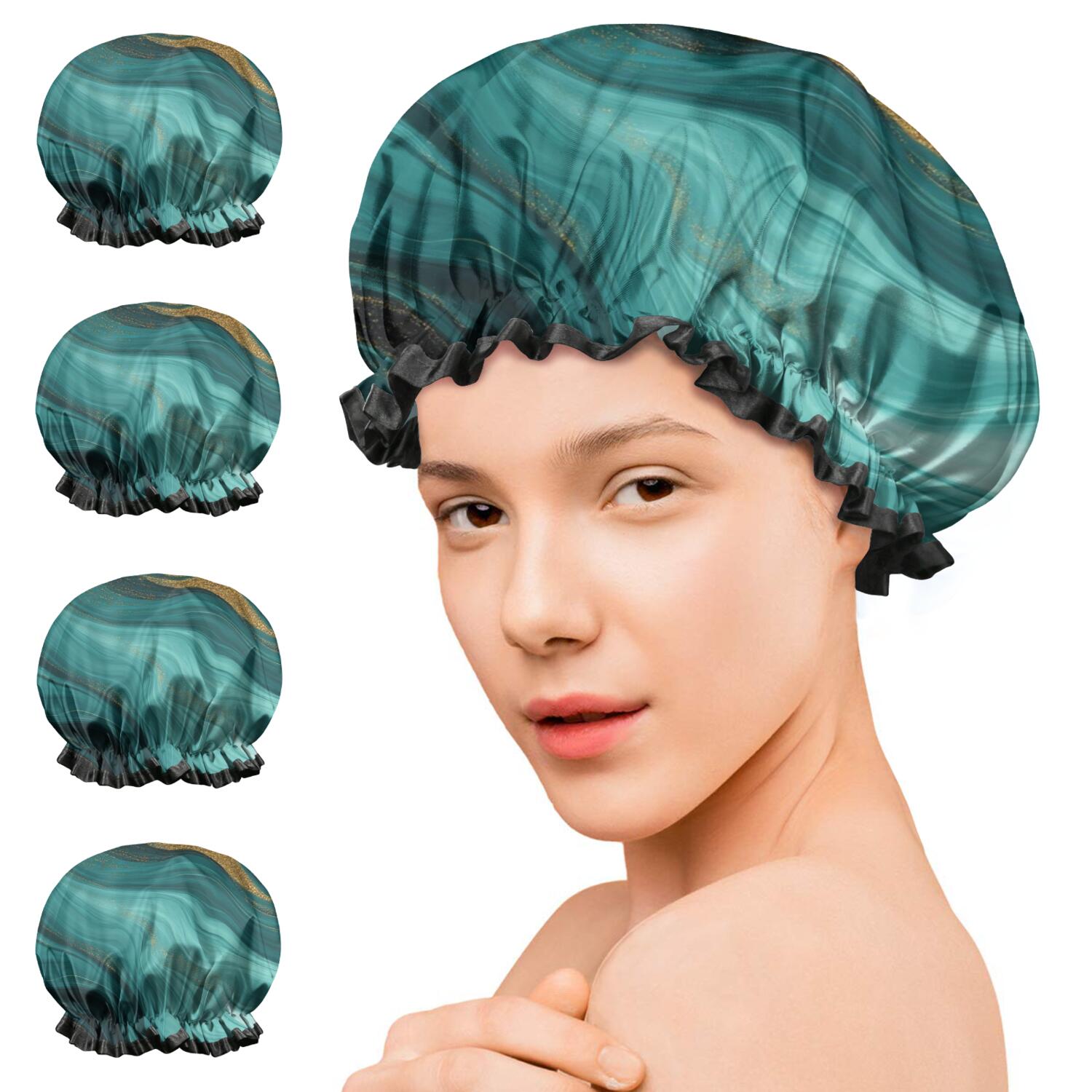 Shower Caps,Teal and Gold Marble Glitter Waves Pattern Waterproof Shower Cap for Women 4 Pieces,Double Reusable Hair Cover for Shower PEVA Elastic Stretch Hem