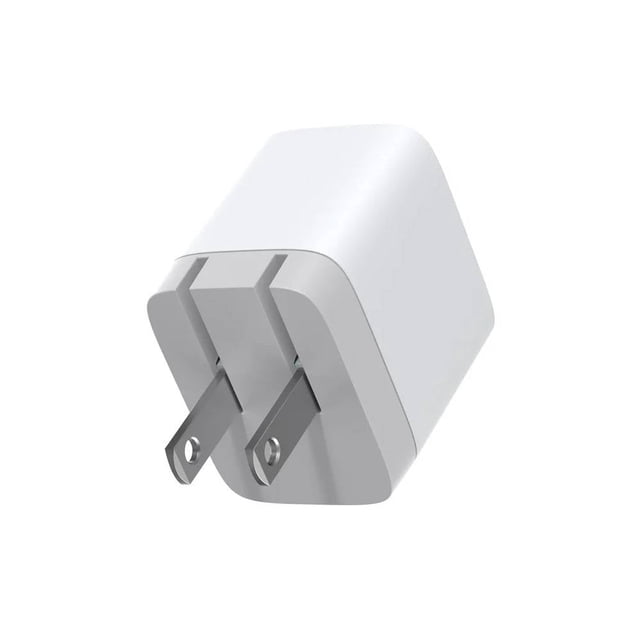 cargador de pared anker plug plegable y carga de alta velocidad 20w blanco — cargador USB-C Power Delivery blanco en vista frontal 3/4 con enchufe plegable tipo A parcialmente abierto; cuerpo compacto rectangular de bordes redondeados y superficie lisa, clavijas metálicas visibles; ideal para cargar teléfonos y tablets en viajes.