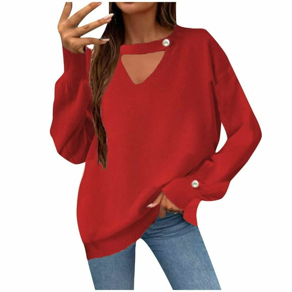 Rbaofujie Cute Sweaters for Women Fashion Women Comfortable Casual Solid Color Long Sleeve Round-Neck Sweater Red Work Blouses for Women