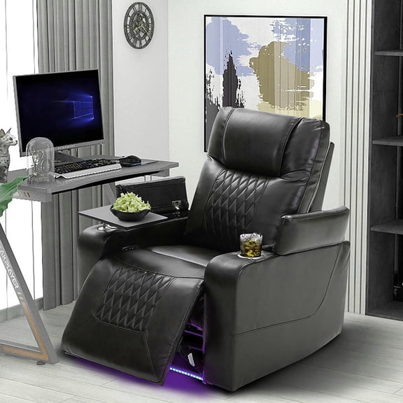 Resenkos Power Motion Recliner with USB Port, Hidden Arm Storage, 2 Cup Holders & 360° Swivel Tray Table- Black