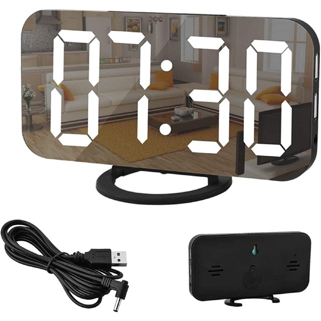 Reloj despertador digital, reloj despertador con espejo de pantalla grande LED de 6,5 pulgadas con modo de atenuación, brillo ajustable, 2 puertos de carga USB, negro