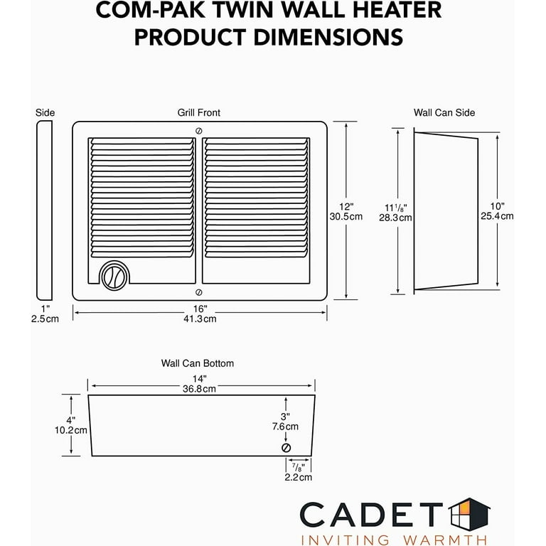 Cadet Com-Pak Twin Electric Wall Heater Complete Unit with Thermostat  Model: CSTC402TW, Part: 67527, 13648/10236 BTU, 240/208 Volt, 4000/3000  Watt, White - Walmart.com