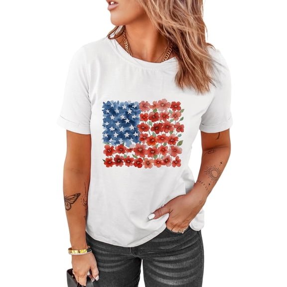 Women's White Floral Star American Flag Graphic T-Shirt for Casual Summer Style | [ZhiHiMeRi] | (US 20-22)2XL