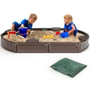Costway 6F Wooden Sandbox w/Built-in Corner Seat, Cover, Bottom Liner for Outdoor Play