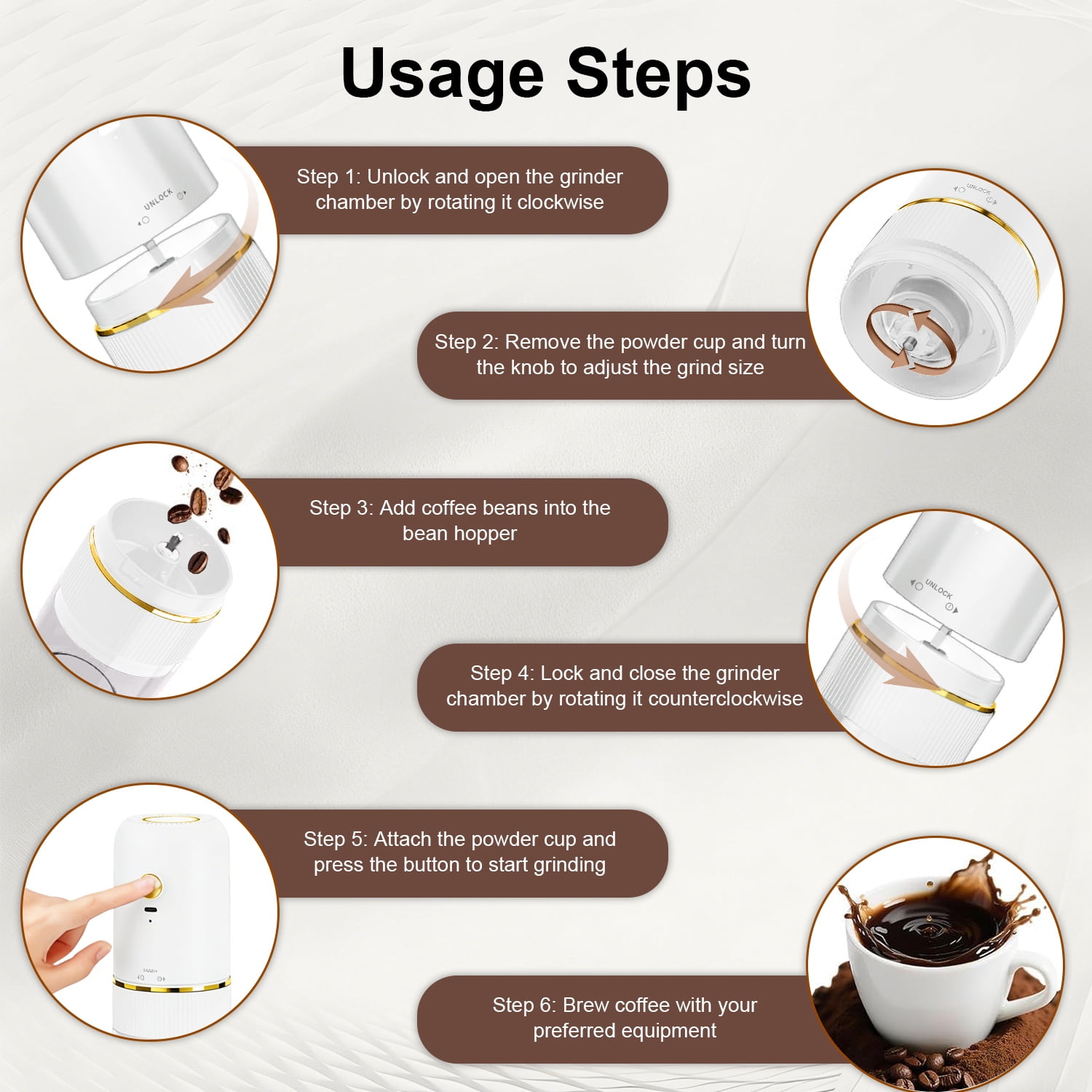 Portable Electric Burr Coffee Grinder, Mini Rechargeable Electric Coffee Bean Grinder with Cleaning Brush, Auto-Stop, Coffee Grinder for Espresso, French Press, Travel, Camping, Home & Office, White