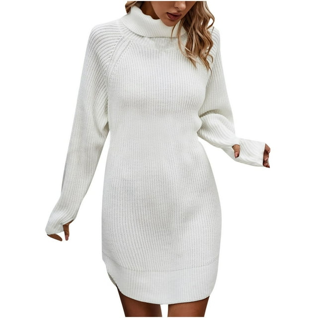 Yuyuzo Robe Chandail de Base pour Femmes à Manches Longues, Col Roulé, Tricot Côtelé, Chandail, Mini Robes Courtes