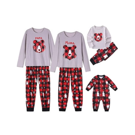 

Michellecmm Polar Bear Print Top and Elastic Plaid Trousers Parent-child Pajamas