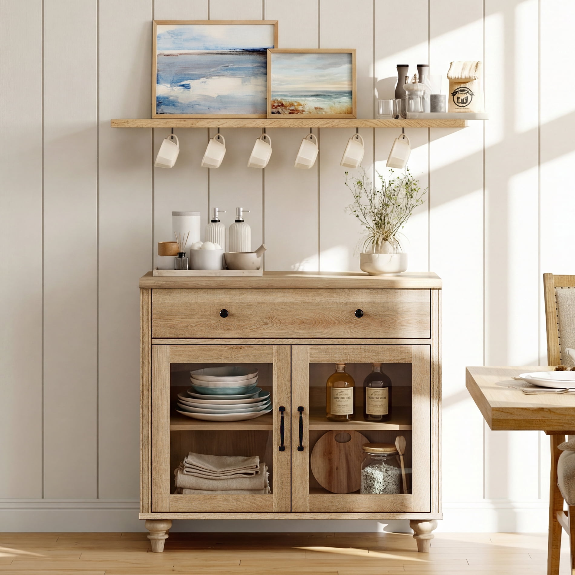 34" Oak Glass Door Buffet Cabinet with Drawer, Farmhouse Sideboard with Storage