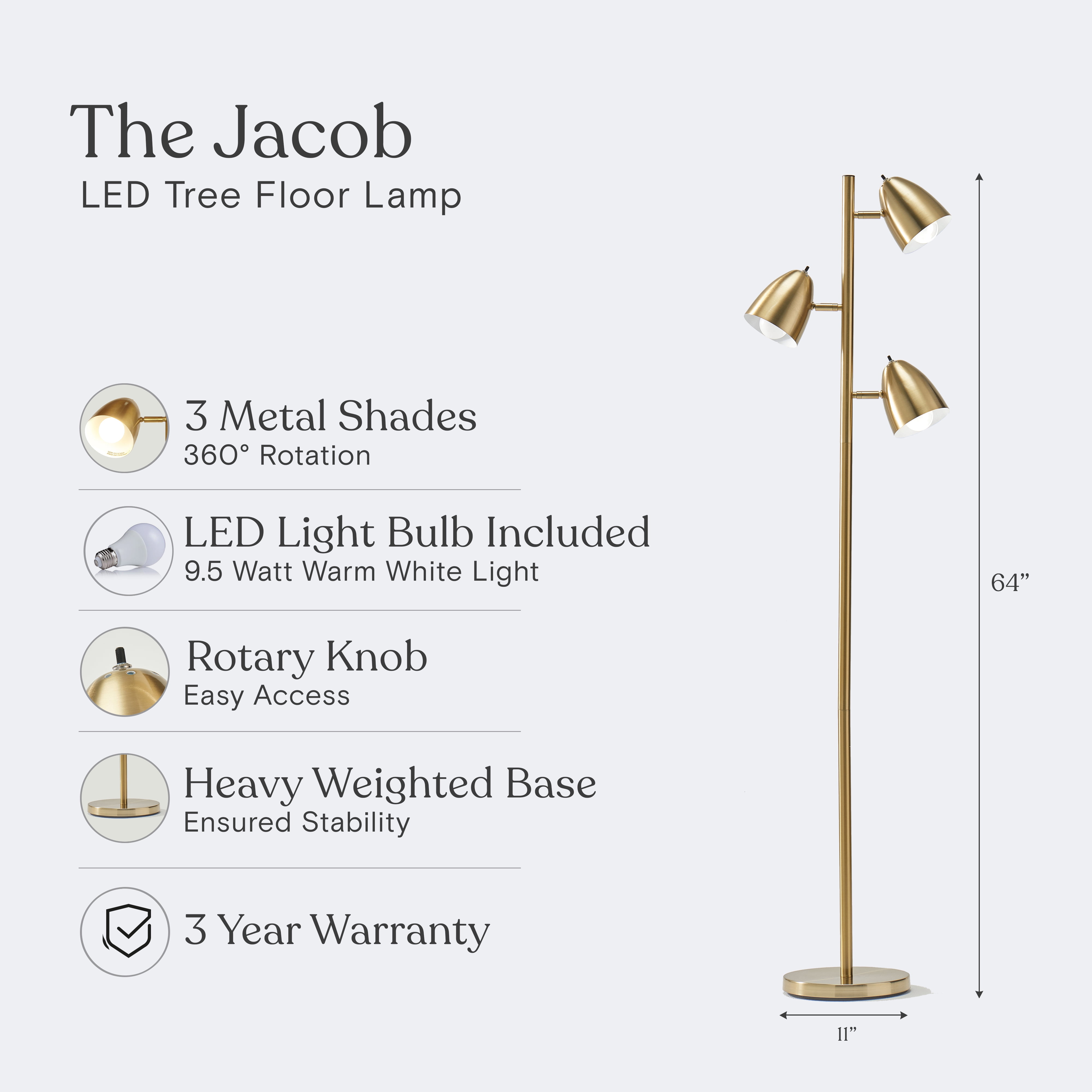 Brightech Jacob LED Standing Lamp, Modern Bright Floor Lamps for Living Rooms & Bedrooms, Tall LED Lighting Lamp with Adjustable 3 Light Tree – Antique Brass/Gold