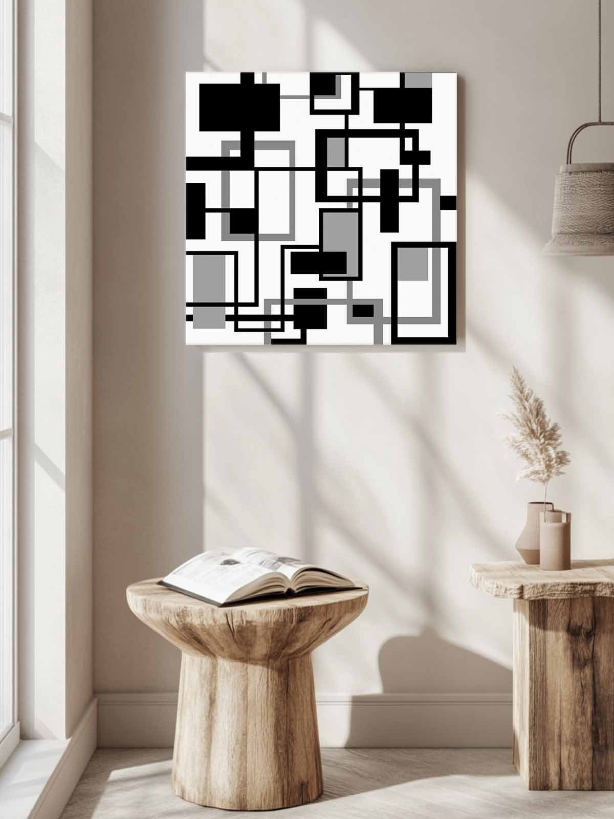 Geometric Black Canvas Wall Art, White and Gray Line Framed Wall Decor Modern Artwork Prints Painting for Living Room, Bedroom, Kitchen & Cafe Decor 16x16 Inch