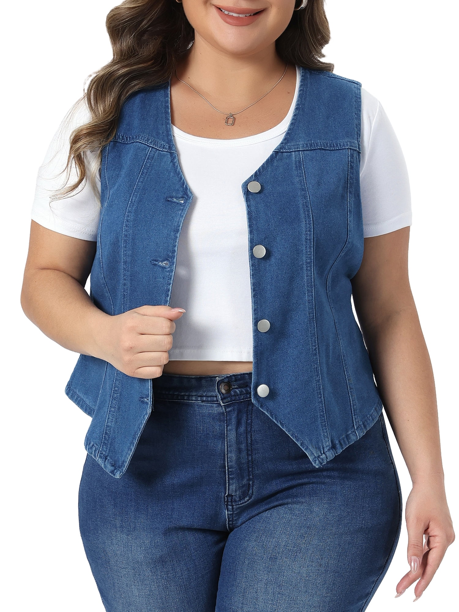 DARING DIVA Women's Plus Denim Vest Button Down Casual Sleeveless Jean Jacket 4X Blue