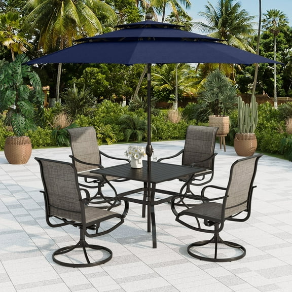 Sophia & William 6-Piece Outdoor Patio Dining Set with 10 FT Navy Umbrella, Padded Textilene Chairs & Square Table Furniture Set for 4