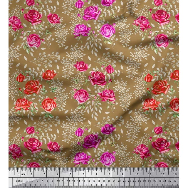 Soimoi Tissu Poly Georgette Feuilles et Imprimé Floral de Roses Tissu de Couture au Mètre 42 Pouces de Large