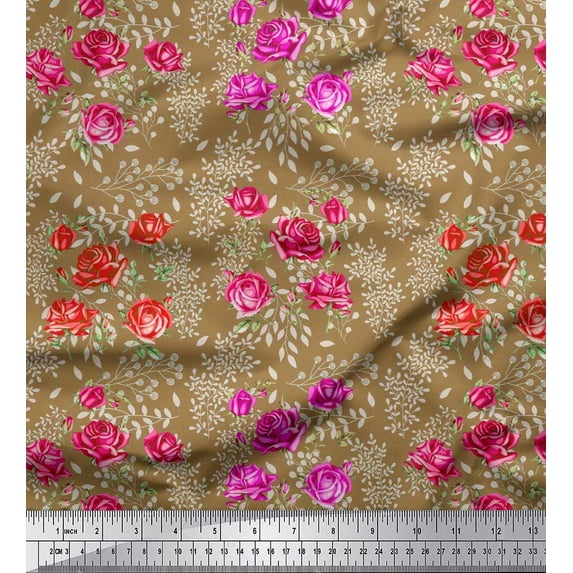 Soimoi Japan Crepe Satin Fabric Leaves & Rose Floral Decor Fabric Printed Yard 42 Inch Wide