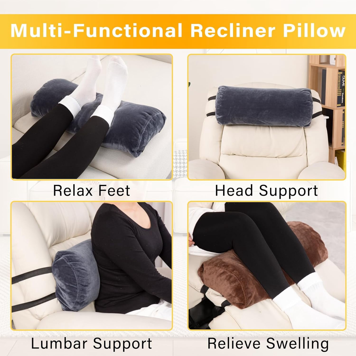 TAVENE Recliner Leg Rest Cushion with Strap, Memory Foam Under Knee Pillow for Back Sleeping and Foot Elevation, Half Moon Bolster Pillow for Chair, Head, Lumbar Support