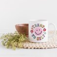 thumbnail image 2 of Treat Yo Self with a Happy or Smiling Face and Flowers Art Merch Gift, White 11oz Ceramic Mug, 2 of 5