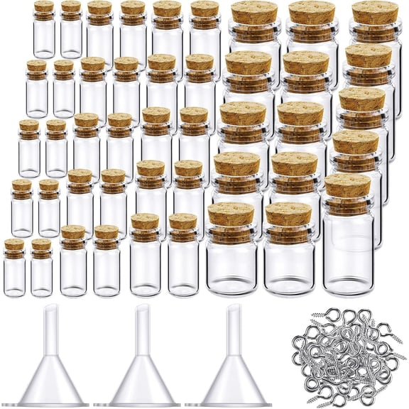 45pcs Mini Glass Bottles with Cork Stoppers, Small Glass Jars with Lids, Tiny Spell Jars with 50 Eye Screws and 3 Funnels for DIY Art Craft