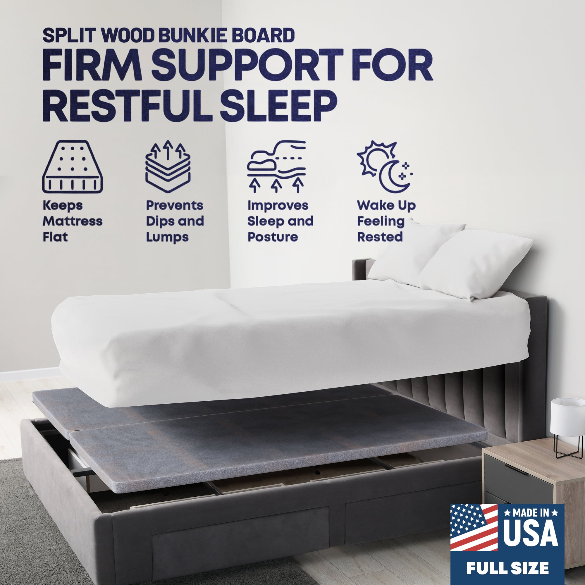 Continental Sleep, 1.5" Split Wood Bunkie Board Full Size Bed, 2-Piece Under Mattress Support, Fully Assembled, Fabric Ventilation Cover-Replaces Wooden Slats or Box Spring for Bed Frames