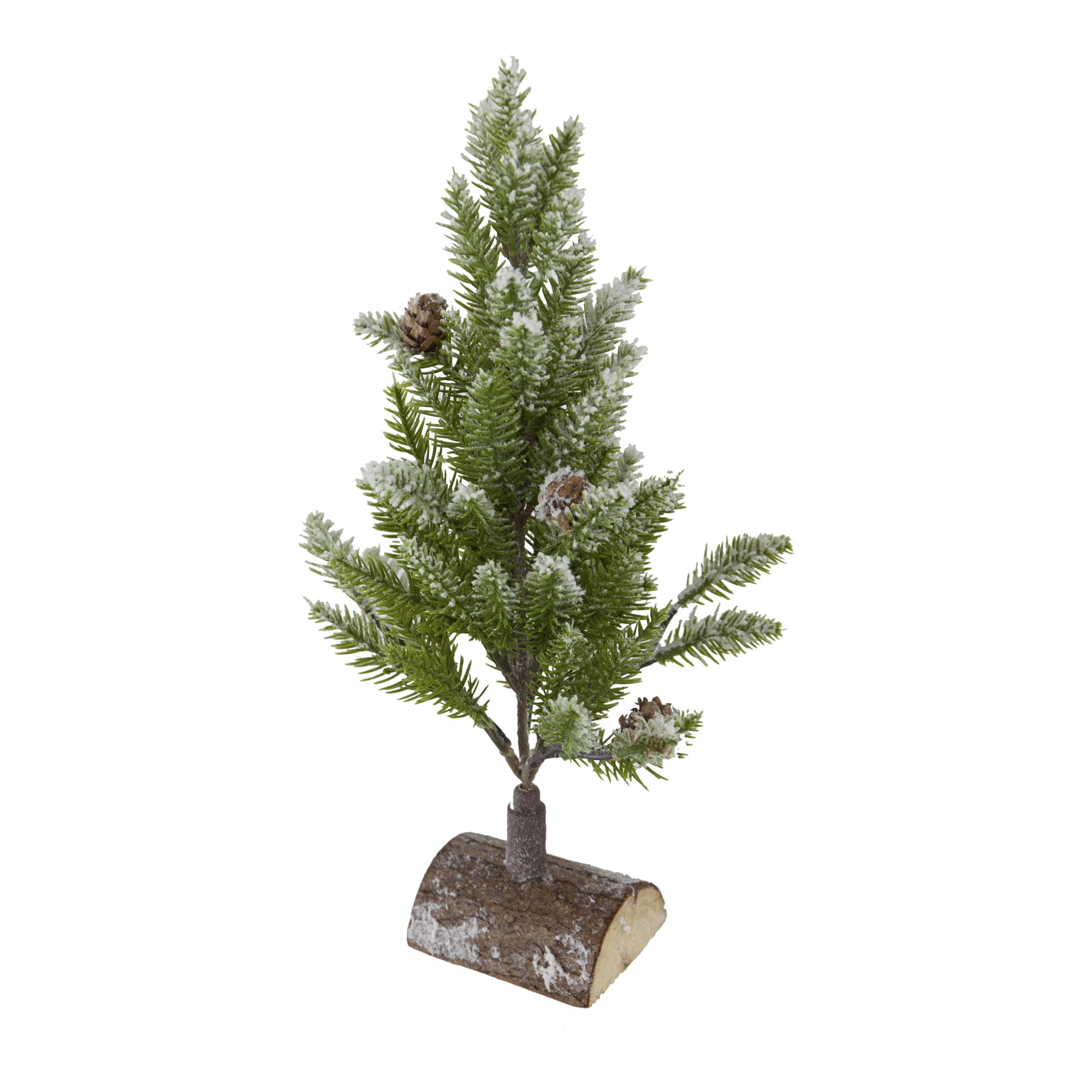 Set of 2 Snowy PVC Christmas Tree on Wood Base 13.5 Inch Tabletop Holiday Centerpiece Decor