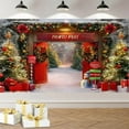 thumbnail image 2 of Christmas Backdrop Fabric Banner, Winter Forest Wooden Barn Door North Pole Backdrops, Snowy Xmas Tree Photography Background for Family Holiday Party Decor Photo Props 56x98 in, 2 of 4