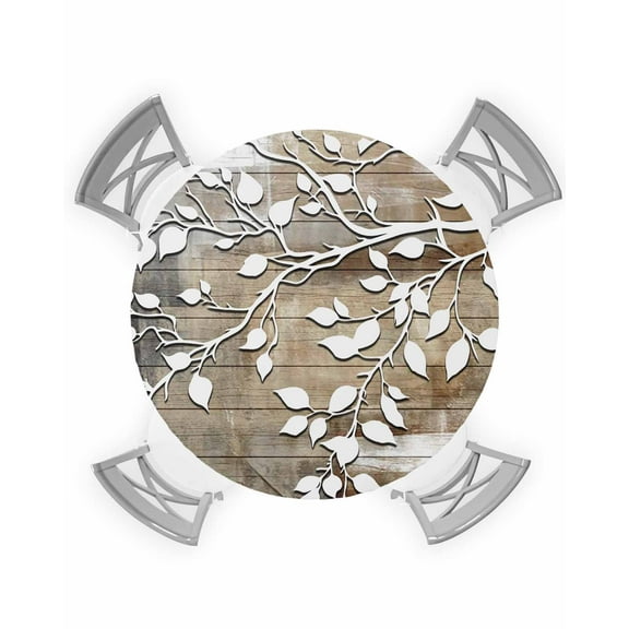 nqOlkjepod White Branches Round Tablecloth, Fitted Table Cover with Elastic for 36"-44" Round Tables, Brown Beige Wooden Grain Table Cloth Outdoor Indoor Dinning Party Waterproof Tablecloths