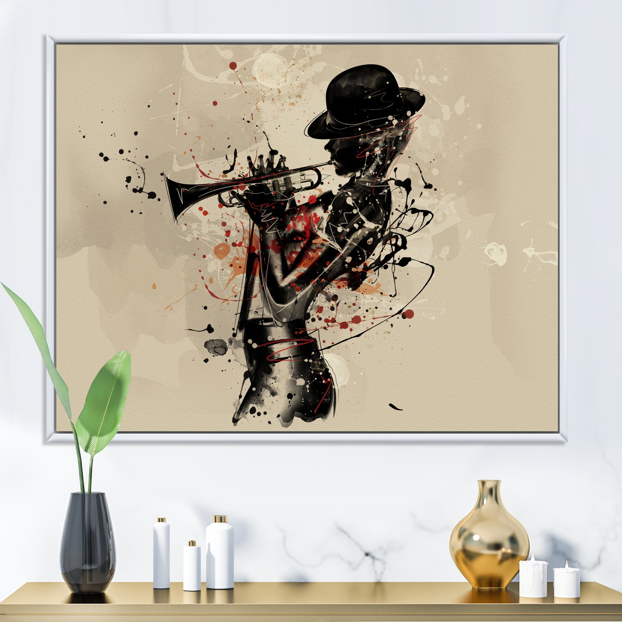 Designart 'Girl Playing Jazz Trumpet' Modern Framed Canvas Wall Art Print