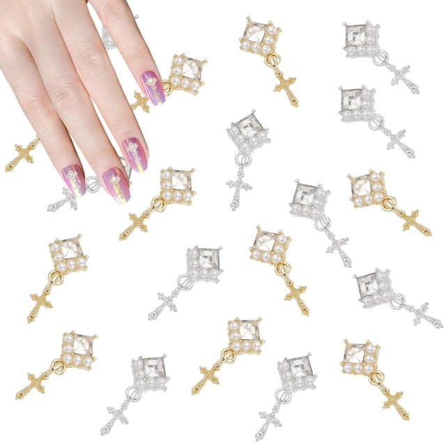 30 piezas de 2 colores colgantes para uñas, diamantes de imitación, perlas, decoración de uñas, joyas de aleación para uñas, accesorios de metal dorado y plateado para uñas acrílicas.