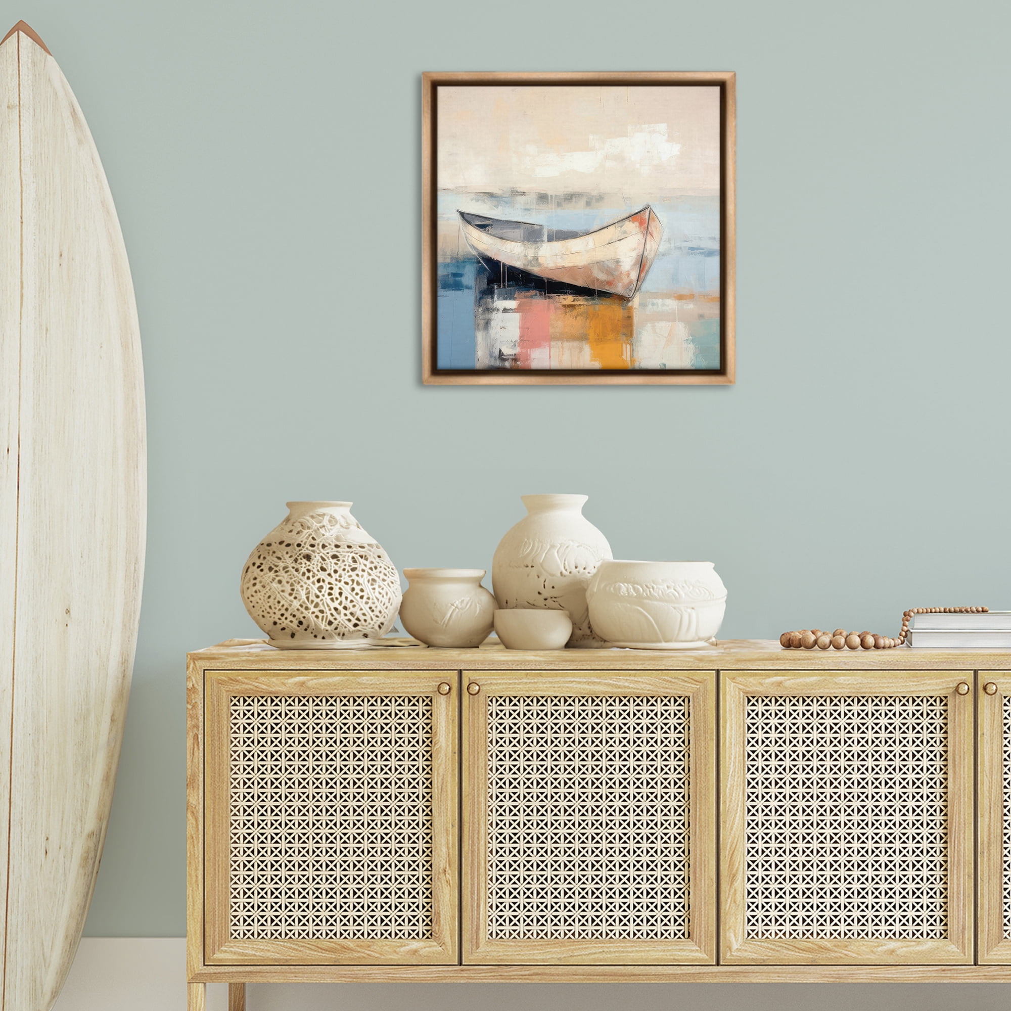 Stupell Industries Charming Coastal Boat Nautical & Beach Painting Brown Floater Framed Canvas Art Print Wall Art, 25 x 25