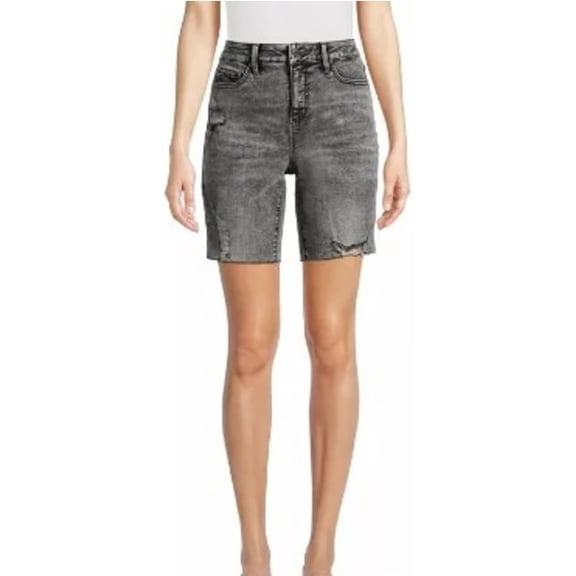 Women's Destructed Hem Denim Bermuda Shorts, 8.5” Inseam Size 14 Black Wash