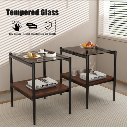 MOONMISS 2 Pack Rectangle End Table, Tempered Glass Top Side Table with MDF Frame, Modern Transparent Glass Accent Table for Living Room, Bedroom, Home Decor, Brown/Black