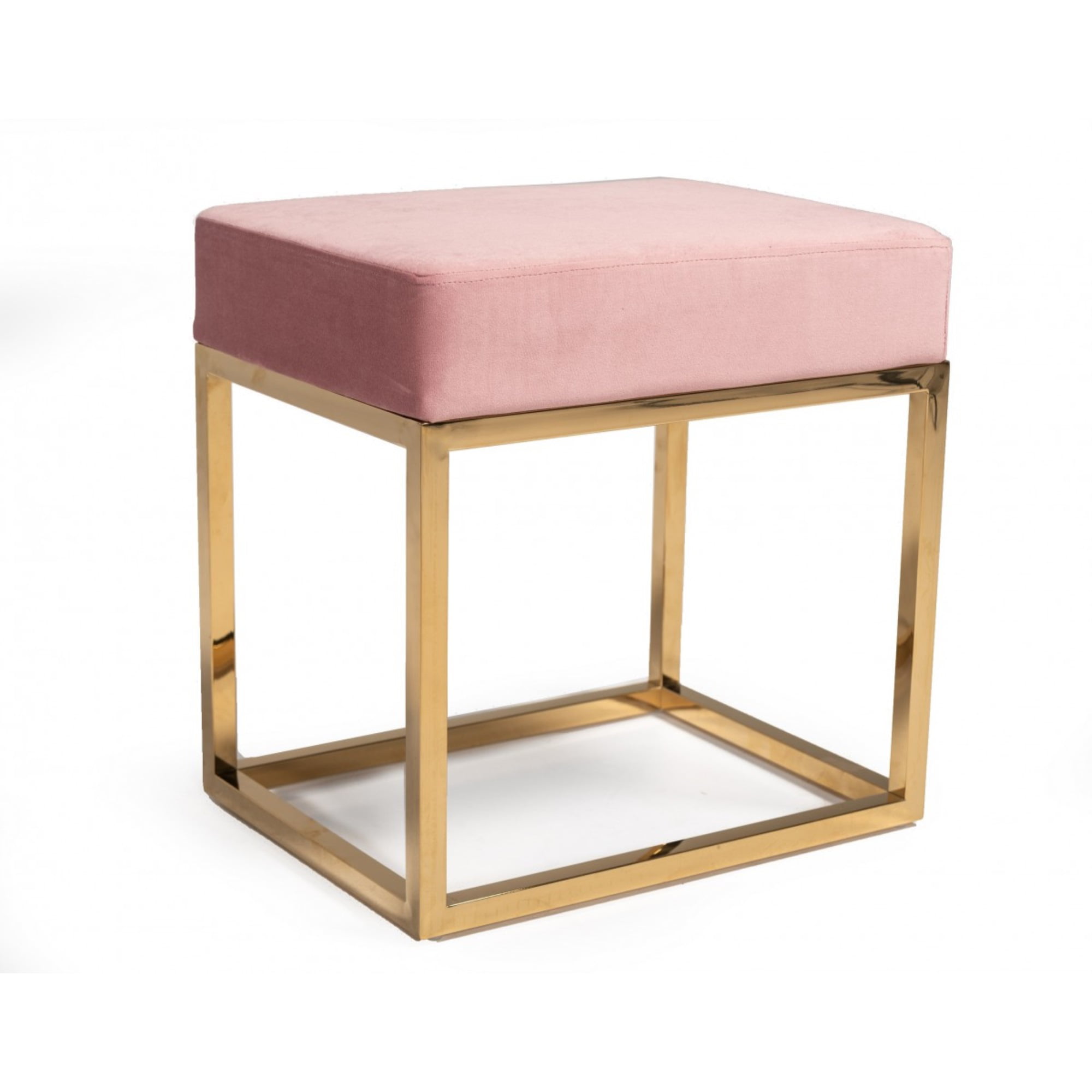 Square Modern Pink Velvet Ottoman with Gold Stainless Steel