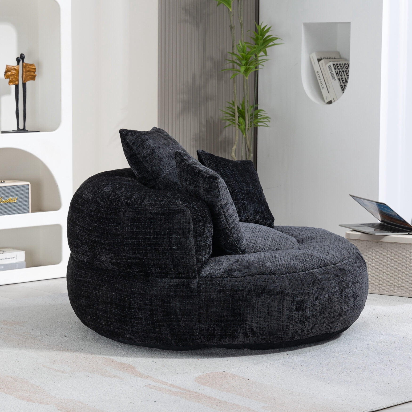 Oversized Chenille Bean Bag Chair for Adults & Kids, Indoor & Outdoor Lazy Bean Bag Sofa with Wrap-Around Backrest & Pillows for Bedroom, Living Room, Playroom, 42.52''x42.52''x20.47'', Black