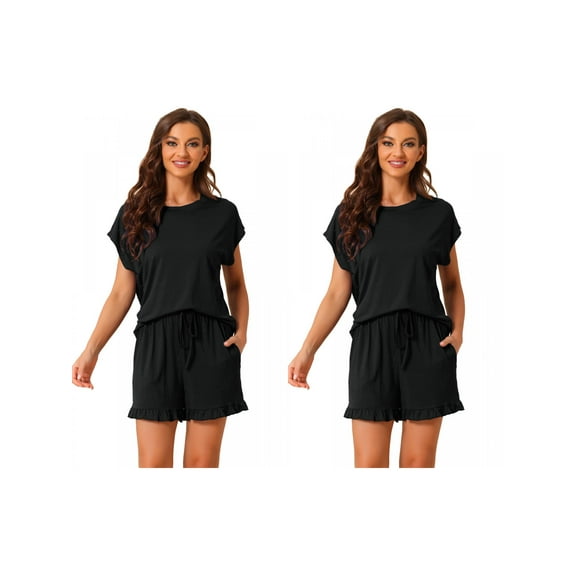 NOMADIC NOOK Women's Mother's Day 2 Pack Pajama Sets Short-Sleeve Tops with Pocket Shorts Soft Ruffled Loungewear X-Small 2 Packs Black