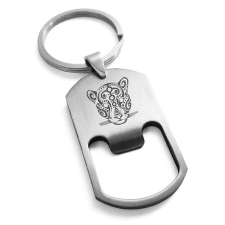 Stainless Steel Mayan Jaguar Rune Engraved Bottle Opener Dog Tag Keychain Keyring
