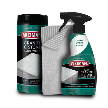 Weiman Granite Cleaner Kit - Non Toxic For Granite Marble Soapstone Quartz Quartzite Slate Limestone Corian Laminate Tile Countertop Wipes, Trigger & Microfiber