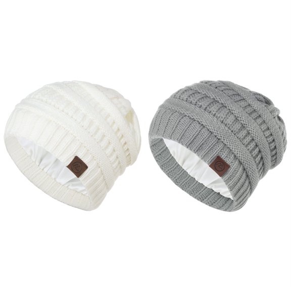 2 Pack Women Warm Beanies Cable Knit Skull Cap Soft Satin Lined Beanie Thick Winter Hat Beanie