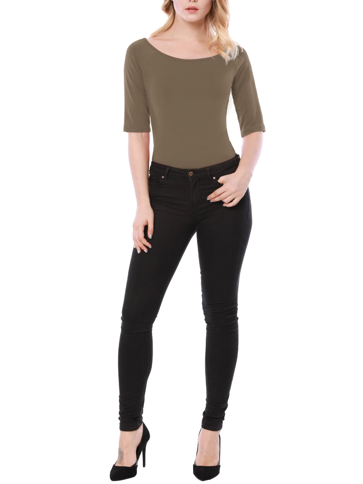 DARING DIVA Women's Slim Fit Pullover Boat Neck Stretchable T-Shirt M Dark Khaki