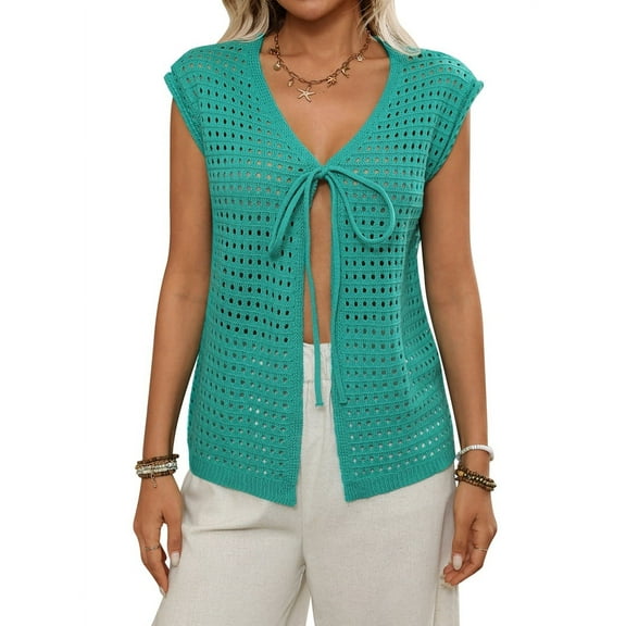 Womens Tie Crochet Shrug Short Sleeve Open Front Knit Cropped Cardigan Sweaters Cover Up Green S